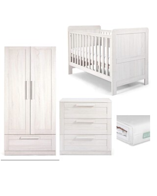 Atlas 4 Piece Cotbed Set with Dresser Changer, Wardrobe and Premium Dual Core Mattress
